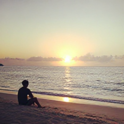 Caribbean Holidays, Haiti December Holidays, A peaceful Haitian beach at sunset with a solo traveller sitting near the shoreline, warm light and calm Caribbean sea