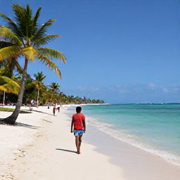 Caribbean Holidays, Haiti December Holidays, A solo traveller walking along a sunny Haitian beach in December, with turquoise water, palm trees and a relaxed Caribbean atmosphere