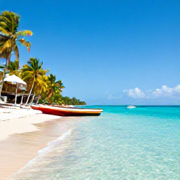 Caribbean Holidays, Haiti December Holidays, A sunny Haitian beach with clear turquoise water, palm trees and a small boat near the shore in December
