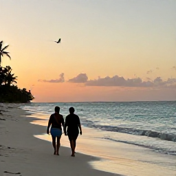 Caribbean Holidays, Haiti December Holidays, Couple walking along a quiet Haitian beach at sunset, warm December light and calm turquoise sea