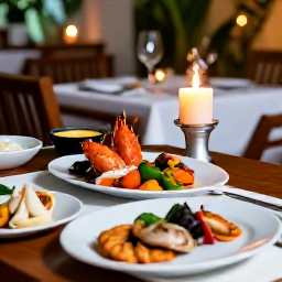 Caribbean Holidays, Haiti December Holidays, Elegant Haitian restaurant setting with beautifully presented local seafood, tropical ingredients and candlelit tables
