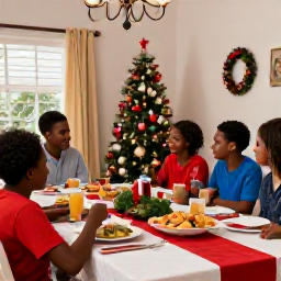 Caribbean Holidays, Haiti December Holidays, Haitian Christmas decorations and a family gathering in a welcoming home, with traditional food on a festive table