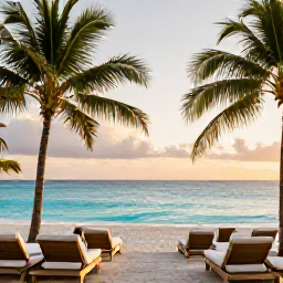 Caribbean Holidays, Haiti December Holidays, Luxury beachfront resort in Haiti at sunset in December, with palm trees, calm turquoise sea and elegant accommodation