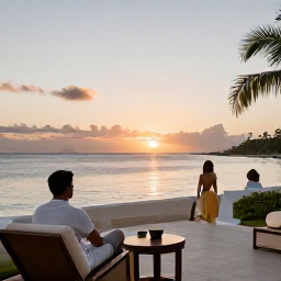 Caribbean Holidays, Haiti December Holidays, Luxury Haiti holiday couple enjoying a calm sunset by the Caribbean coast, with elegant hotel terrace and warm evening light