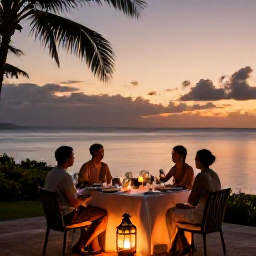 Caribbean Holidays, Haiti December Holidays, Romantic adults-only resort dinner in Haiti at sunset, with elegant tables and warm lantern light