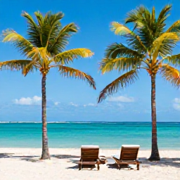 Caribbean Holidays, Haiti December Holidays, Romantic Haitian beach with palm trees, two sun loungers and clear Caribbean water in December sunshine