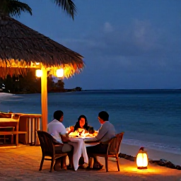Caribbean Holidays, Haiti December Holidays, Romantic outdoor dinner for two at a Haitian coastal restaurant, lanterns glowing beside the sea