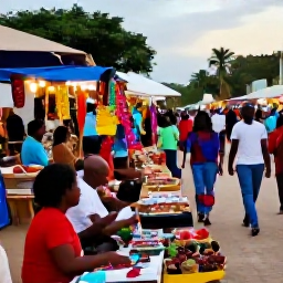 Caribbean Holidays, Haiti December Tours, Haitian Christmas market with colourful handmade crafts, tropical produce, warm evening light and friendly local shoppers