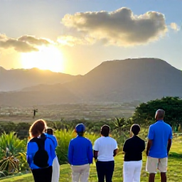 Caribbean Holidays, Haiti December Tours, Small guided group travelling through a scenic Haitian landscape at sunset, with mountains, tropical vegetation and a welcoming local guide