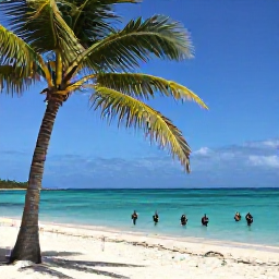 Caribbean Holidays, Haiti Diving January, A peaceful Haitian beach with palm trees, calm turquoise sea and divers returning from a boat trip