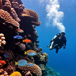 Caribbean Holidays, Haiti Diving January, A scuba diver descending beside a sunlit coral wall with tropical fish in Haitian Caribbean waters