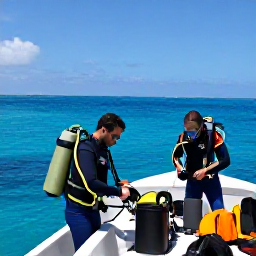 Caribbean Holidays, Haiti Diving January, Friendly divers preparing equipment beside a small boat on a sunny Haitian coastline in January