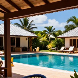 Caribbean Holidays, Haiti Family Holidays, A comfortable family-friendly Haitian hotel with a swimming pool, shaded terrace and tropical garden during a warm July afternoon
