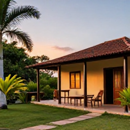 Caribbean Holidays, Haiti Family Holidays, A comfortable family guesthouse in Haiti at sunset, with a shaded veranda, tropical garden and welcoming local atmosphere