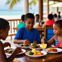 Caribbean Holidays, Haiti Family Holidays, A family dining at a relaxed Haitian restaurant, enjoying colourful local dishes and fresh tropical fruit in a welcoming setting