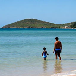 Caribbean Holidays, Haiti Family Holidays, A family enjoying a calm Haitian coastline in May, with warm shallow water, bright sky and green hills in the distance