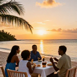 Caribbean Holidays, Haiti Family Holidays, A family enjoying a sunset meal at a relaxed Haitian seaside hotel with warm golden light