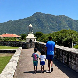 Caribbean Holidays, Haiti Family Holidays, A family exploring the Citadelle Laferri&egrave;re in northern Haiti on a clear June day, with green mountains and historic stone walls