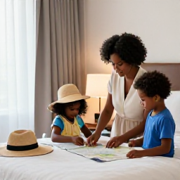 Caribbean Holidays, Haiti Family Holidays, A family preparing for a comfortable June holiday in Haiti, with sun hats, water bottles, light clothes and a map in a bright hotel room