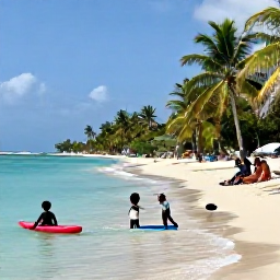 Caribbean Holidays, Haiti Family Holidays, A family relaxing on a beautiful Haitian beach, children paddling in calm clear water while adults sit beneath palm trees