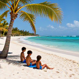 Caribbean Holidays, Haiti Family Holidays, A family relaxing on a beautiful Haitian beach with turquoise sea, soft sand, shade from palm trees and gentle waves