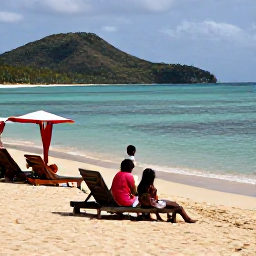 Caribbean Holidays, Haiti Family Holidays, A family relaxing on Labadee beach in Haiti, with calm turquoise water, golden sand, shaded loungers and tropical hills