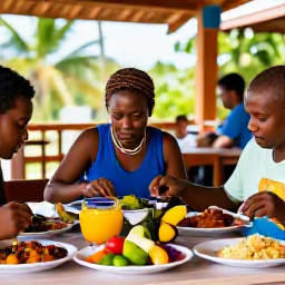Caribbean Holidays, Haiti Family Holidays, A family sharing a colourful Haitian meal at a relaxed open-air restaurant, with tropical fruit, rice, beans and local dishes