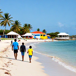 Caribbean Holidays, Haiti Family Holidays, A family walking along a sunny Haitian beach in October, with calm turquoise water, palm trees and colourful local scenery