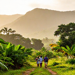 Caribbean Holidays, Haiti Family Holidays, A family walking through lush Haitian countryside after a light tropical shower, with mountains, green vegetation and soft afternoon sunshine