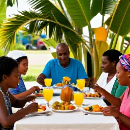 Caribbean Holidays, Haiti Family Holidays, A friendly Haitian family and visitors sharing a colourful local meal at an outdoor table, with tropical surroundings