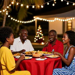 Caribbean Holidays, Haiti Family Holidays, A Haitian family enjoying a relaxed festive evening outdoors, with warm lights, local food and December celebrations