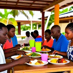 Caribbean Holidays, Haiti Family Holidays, A Haitian family sharing a colourful local meal at an open-air restaurant, with tropical fruit, rice dishes and friendly surroundings
