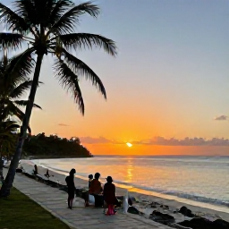 Caribbean Holidays, Haiti Family Holidays, A peaceful Haitian sunset over the Caribbean, with a family watching from a safe beach promenade and warm evening light