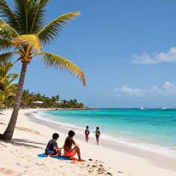 Caribbean Holidays, Haiti Family Holidays, A relaxed family scene on a sandy Haitian beach in May, with turquoise sea, palm trees and children paddling near the shore