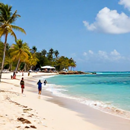 Caribbean Holidays, Haiti Family Holidays, A relaxed Haitian beach scene in December, with families enjoying warm turquoise water, sandy shore and palm trees