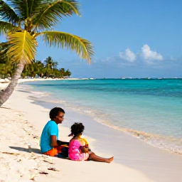 Caribbean Holidays, Haiti Family Holidays, A welcoming Haitian family enjoying a relaxed beach day beside clear Caribbean water, with palm trees and warm September light