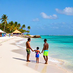 Caribbean Holidays, Haiti Family Holidays, A welcoming Haitian family enjoying a sunny beach beside clear Caribbean water, with palm trees and colourful local details