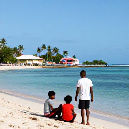 Caribbean Holidays, Haiti Family Holidays, A welcoming Haitian family enjoying a sunny beach day beside calm Caribbean water, with palm trees and colourful local scenery