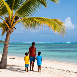 Caribbean Holidays, Haiti Family Holidays, A welcoming Haitian family enjoying a sunny June afternoon beside a tropical beach, with palm trees and calm turquoise water
