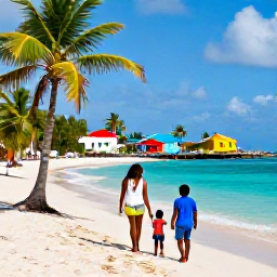 Caribbean Holidays, Haiti Family Holidays, A welcoming Haitian family enjoying a sunny March day beside a turquoise Caribbean beach, with palm trees and colourful local scenery