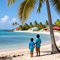 Caribbean Holidays, Haiti Family Holidays, A welcoming Haitian family enjoying a sunny November day beside a calm Caribbean beach, with palm trees and colourful local surroundings