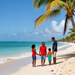 Caribbean Holidays, Haiti Family Holidays, A welcoming Haitian family enjoying a sunny seaside holiday in July, with turquoise water, palm trees and a relaxed Caribbean atmosphere