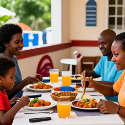 Caribbean Holidays, Haiti Family Holidays, A welcoming Haitian family restaurant serving colourful Caribbean food, with parents and children enjoying an evening meal