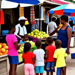 Caribbean Holidays, Haiti Family Holidays, Children exploring a colourful Haitian market with parents, local crafts, tropical fruit and friendly traders