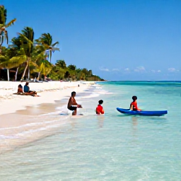 Caribbean Holidays, Haiti Family Holidays, Children paddling in shallow clear Caribbean water on a safe sandy Haitian beach while parents relax nearby