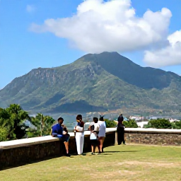 Caribbean Holidays, Haiti Family Holidays, Families exploring the Citadelle Laferri&egrave;re in northern Haiti, with dramatic mountain scenery and a bright blue sky