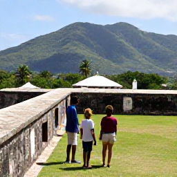 Caribbean Holidays, Haiti Family Holidays, Families exploring the historic Citadelle Laferri&egrave;re in Haiti, with green mountains, stone fortifications and clear March sunshine