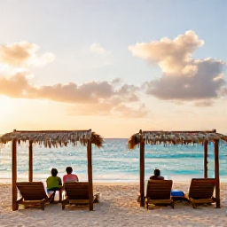 Caribbean Holidays, Haiti Family Holidays, Families relaxing at a quiet Caribbean beach in Haiti, with shaded loungers, clear water and a golden afternoon sky