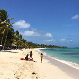 Caribbean Holidays, Haiti Family Holidays, Families relaxing on a quiet sandy beach in Haiti with turquoise water, palm trees and gentle waves