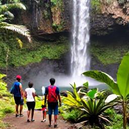 Caribbean Holidays, Haiti Family Holidays, Families walking through a lush Haitian nature reserve beside a waterfall and tropical plants